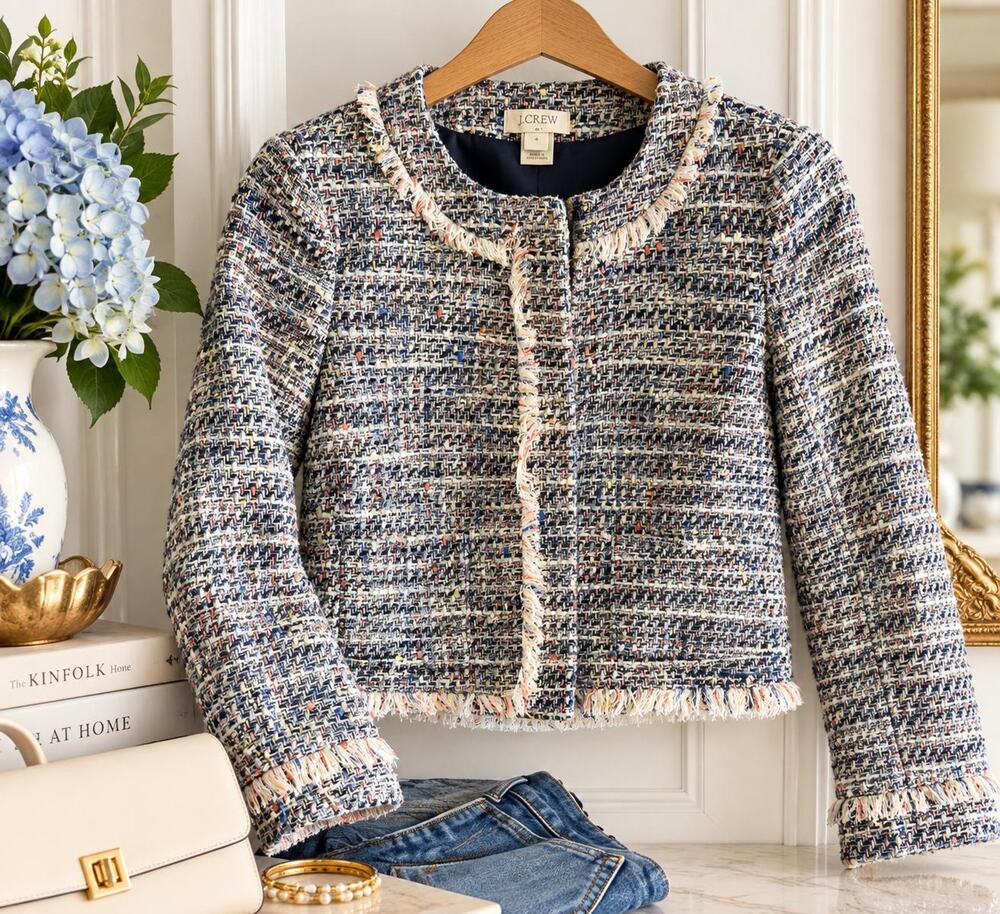 J.Crew Tweed Jacket Size 4 Navy Blue Cream Fringe Trim Cropped Boucle Blazer